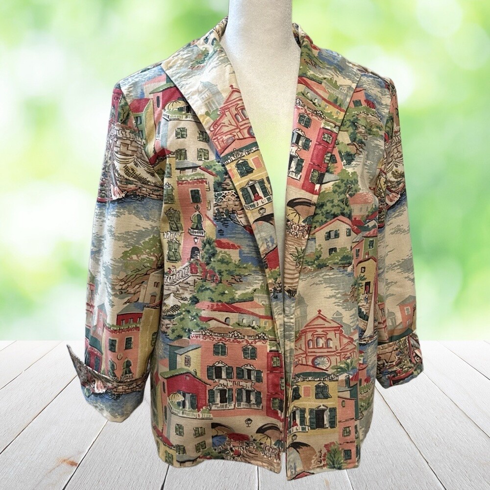 Vintage PAINTED PONY Tapestry Blazer Italian Village Scenic Artwear USA Size L